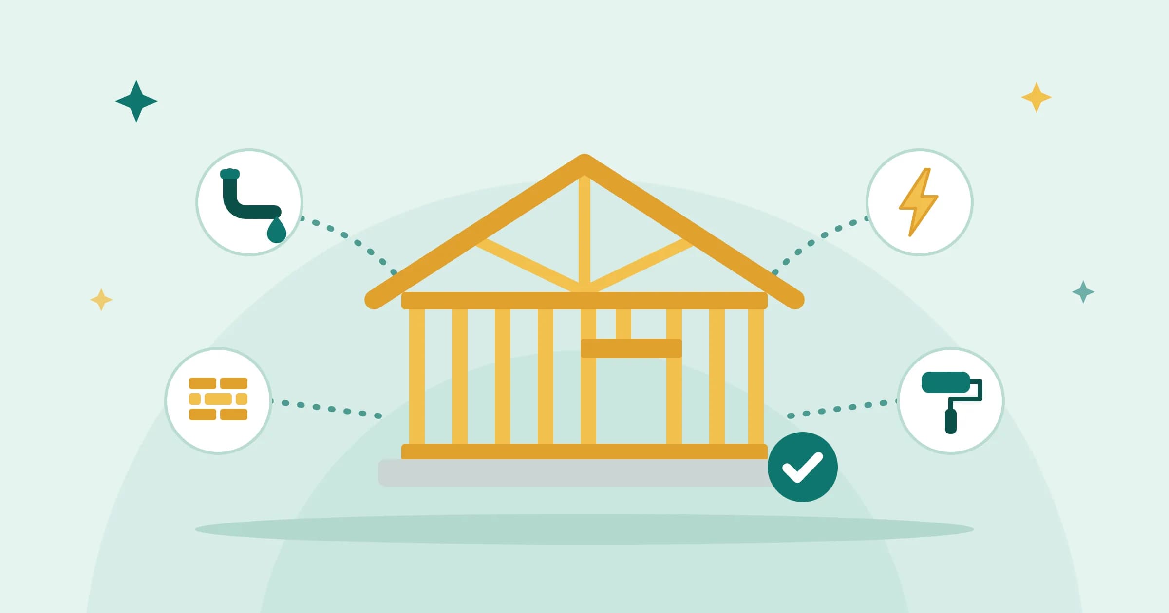 A wood-framed house with icons around it for plumbing, masonry, electrical work and painting.