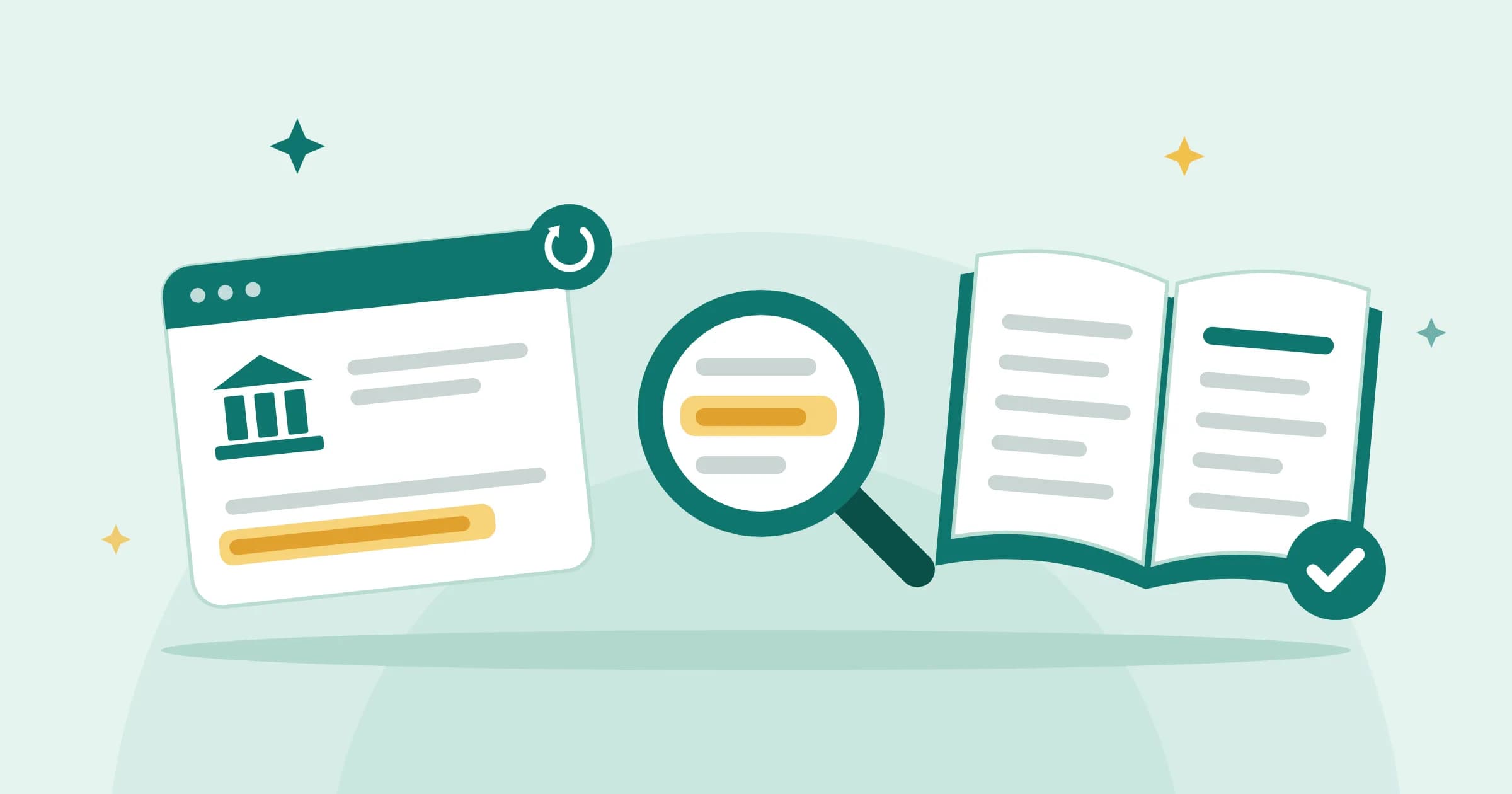 A web page with a highlighted change, a magnifying glass and an open guide marked with a check.