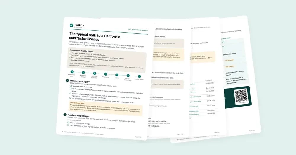 Four pages of the Test2Pro checklist: The typical path to a California contractor license